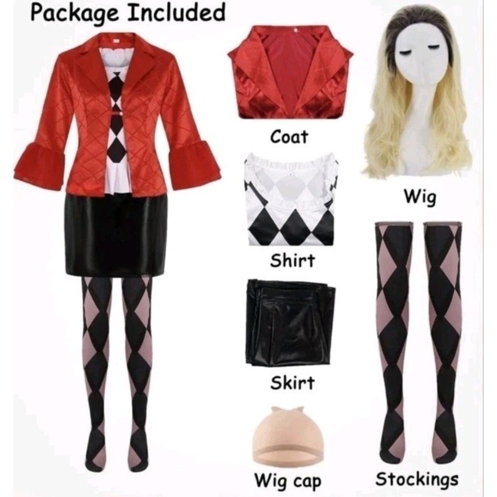 New‎ Harley Quinn/Joker 2-Inspired Outfit, size 2XL. Includes a 6-piece set.